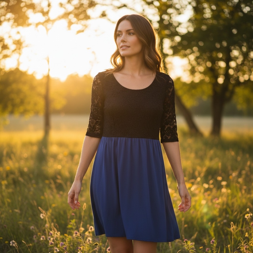 Black and Blue Lace Scoop Neck Fit and Flare Elbow Sleeve Mini Dress